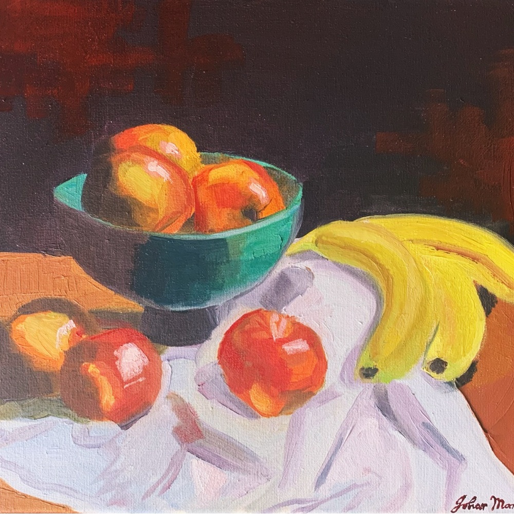 Original Oil Painting Signed Still Life Fruit Bowl Apples Bananas Wall Art